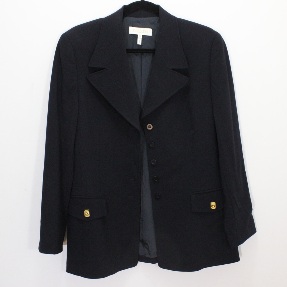 ESCADA 98% New Wool Ladies Black Blazer Jacket New Wool Gold Details Size 40
